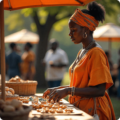 Seller connecting with customers at a busy market